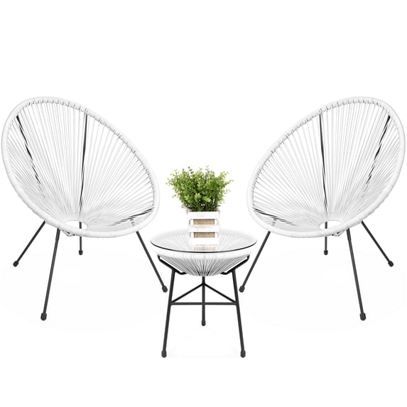 Best Choice Products 3-Piece All-Weather Patio Acapulco Bistro Furniture Set w/ Rope, Glass Top Table - White