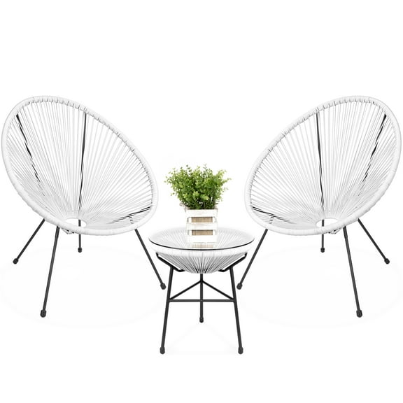 Best Choice Products 3-Piece All-Weather Patio Acapulco Bistro Furniture Set w/ Rope, Glass Top Table - White