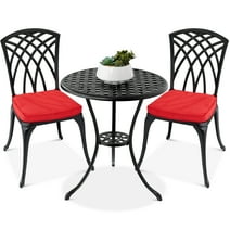 Best Choice Products 3-Piece Aluminum Patio Bistro Set w/ Umbrella Hole, 2 Chairs, Polyester Cushions - Black/Red