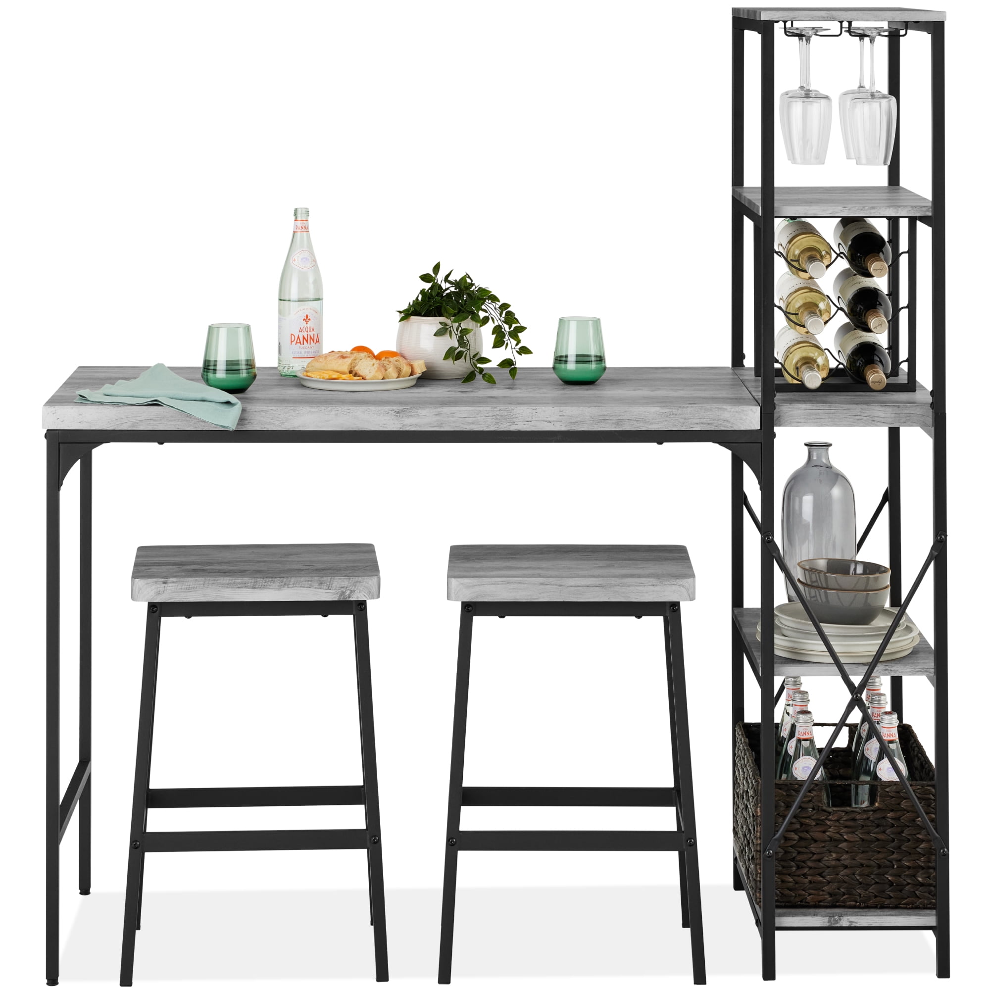 Gray Engineered Wood and Metal Bar Height Dining Set with Wine Rack