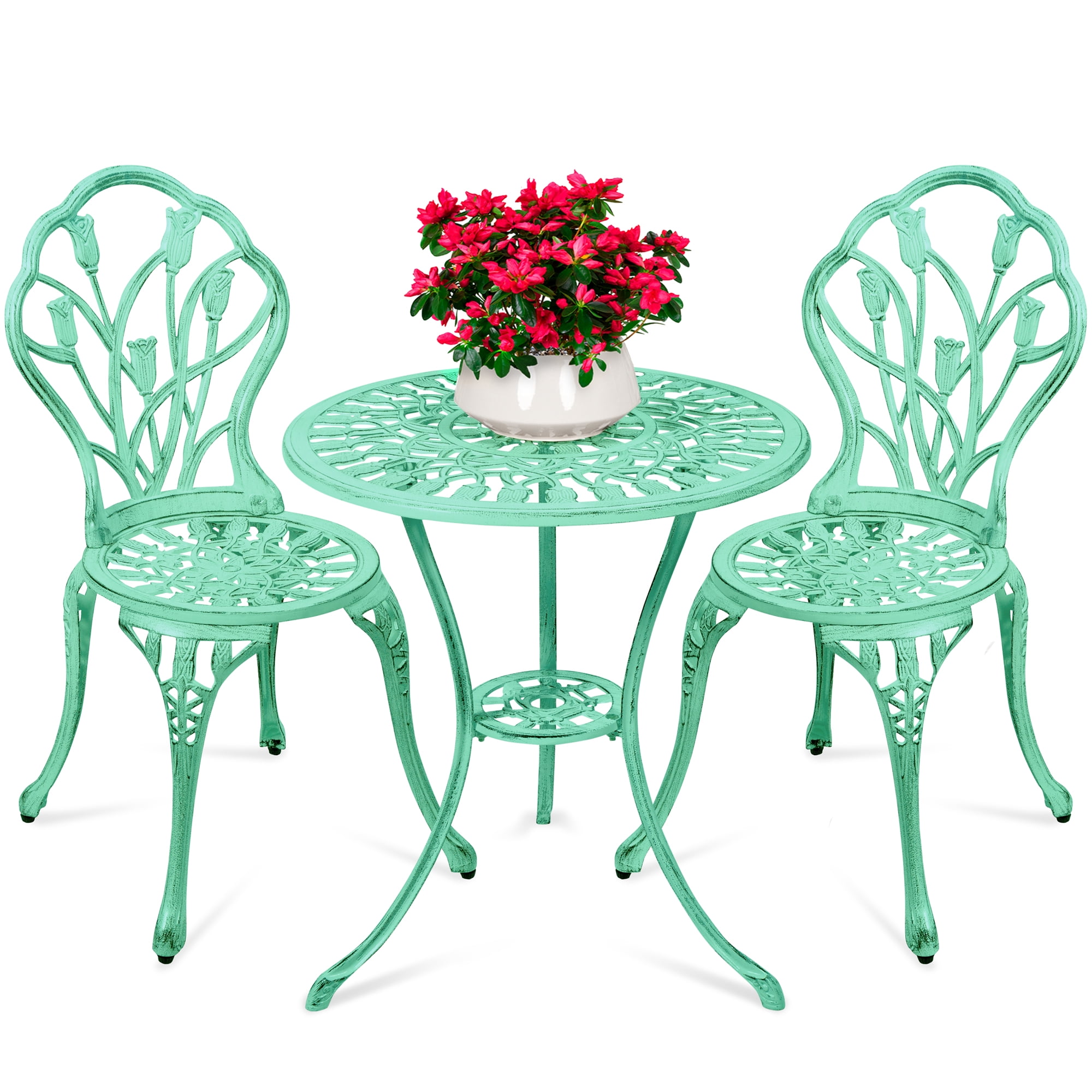 Teal Cast Aluminum Outdoor Bistro Set with Floral Design