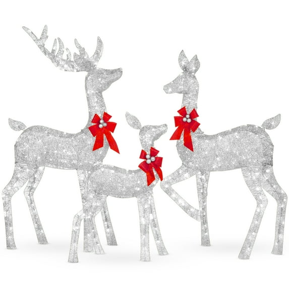 Best Choice Products 3-Piece Lighted Christmas Deer Set Outdoor Yard Decoration w/ 360 LED Lights, Stakes - Silver