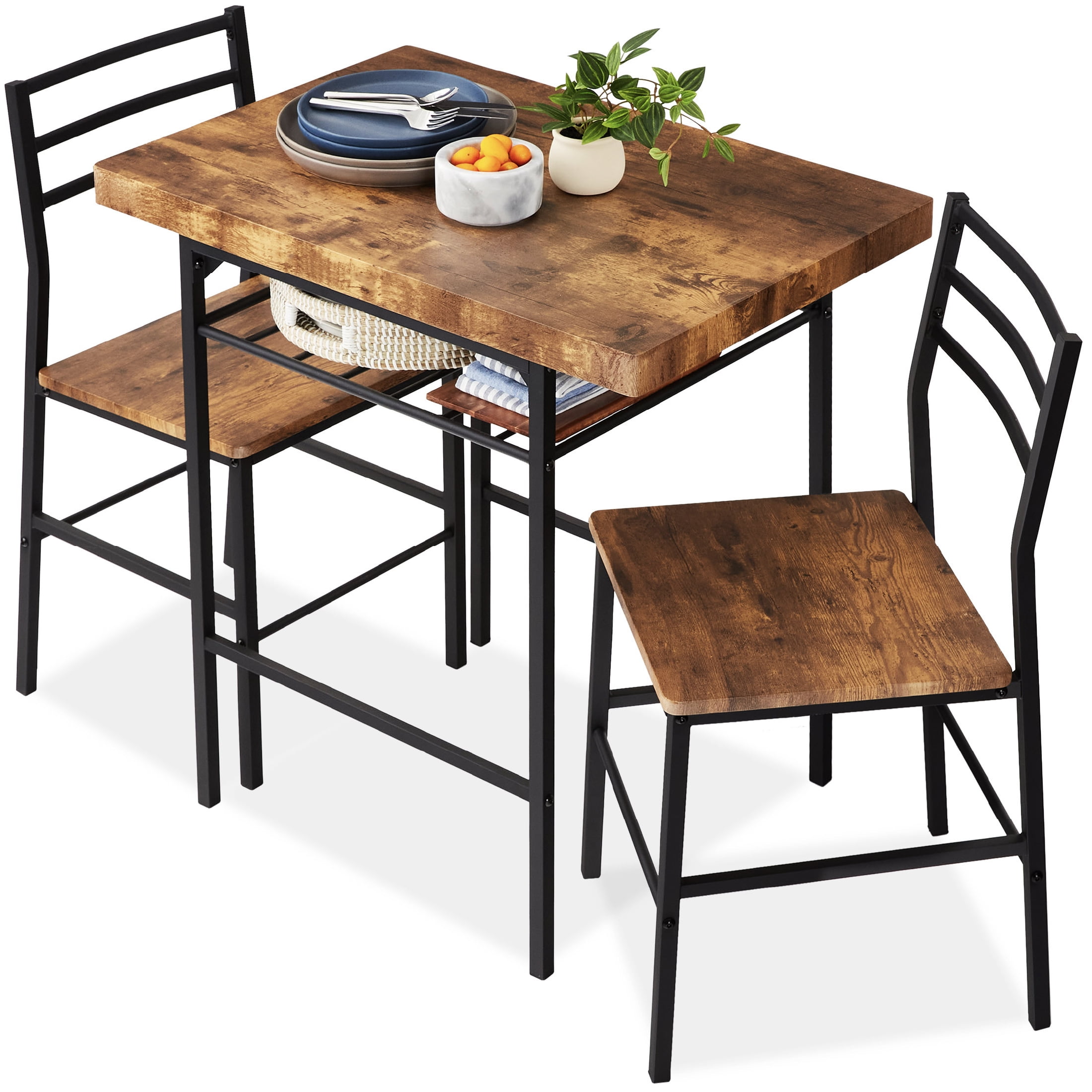 Brown Wood and Steel 3-Piece Dining Set with Storage Rack