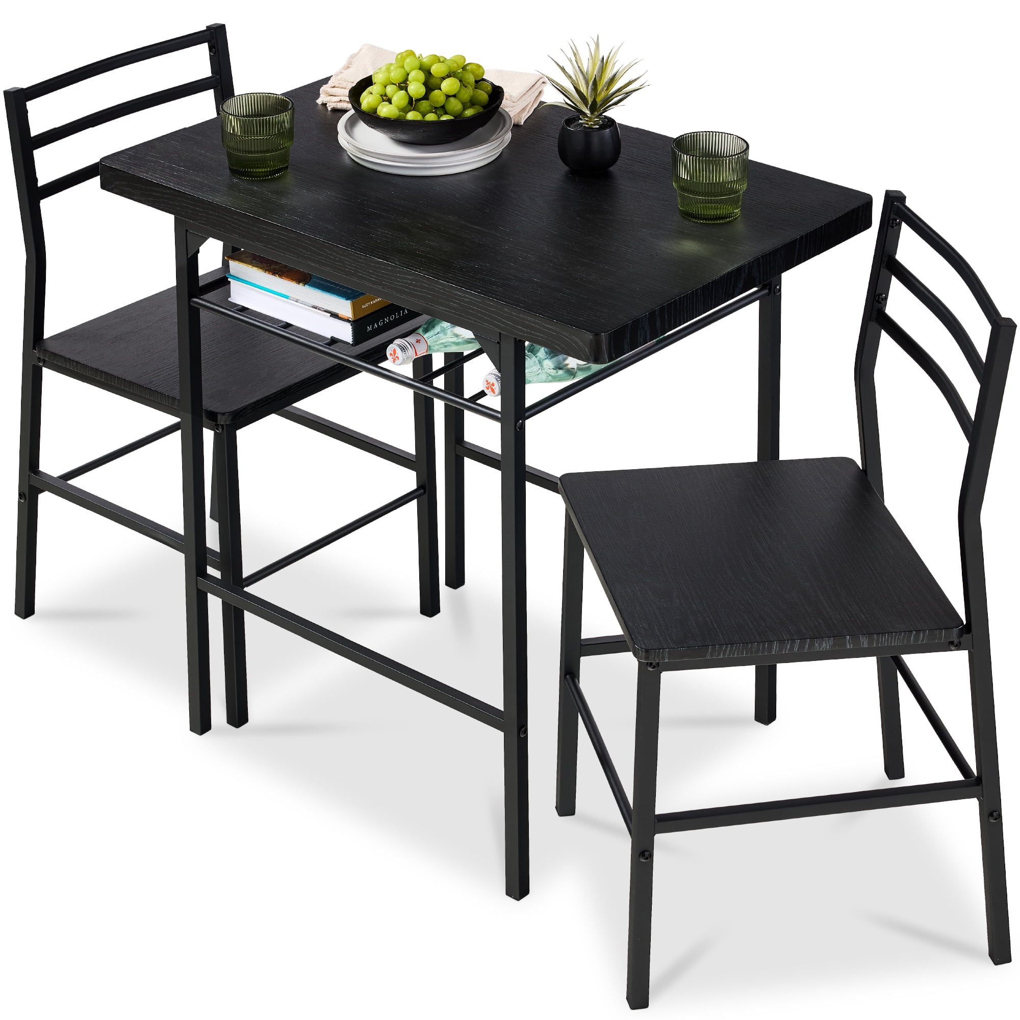 Best Choice Products 3-Piece Modern Dining Set, Square Table & Chairs Set w/ Steel Frame, Storage Rack - Black/Black