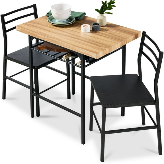 Best Choice Products 3-Piece Modern Dining Set, Square Table & Chairs Set w/ Steel Frame, Storage Rack - Oak/Black
