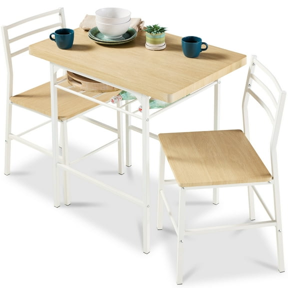 Best Choice Products 3-Piece Modern Dining Set, Square Table & Chairs Set w/ Steel Frame, Storage Rack - Natural/White