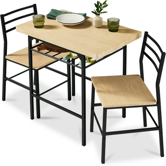 Best Choice Products 3-Piece Modern Dining Set, Square Table & Chairs Set w/ Steel Frame, Storage Rack - Natural/Black