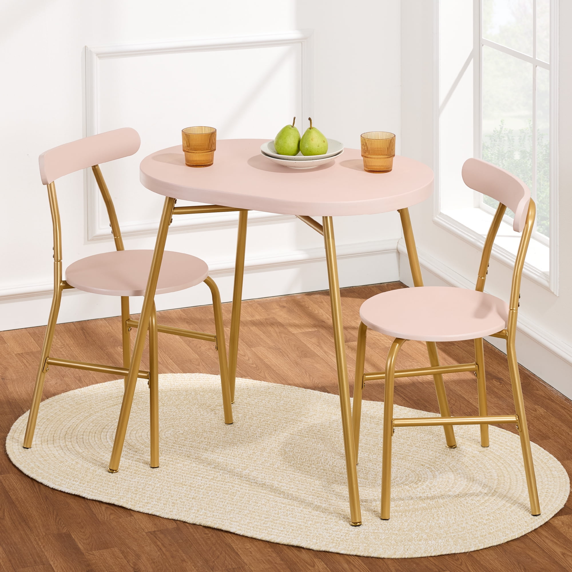 Modern Pink and Gold Metal 3-Piece Oval Dining Set