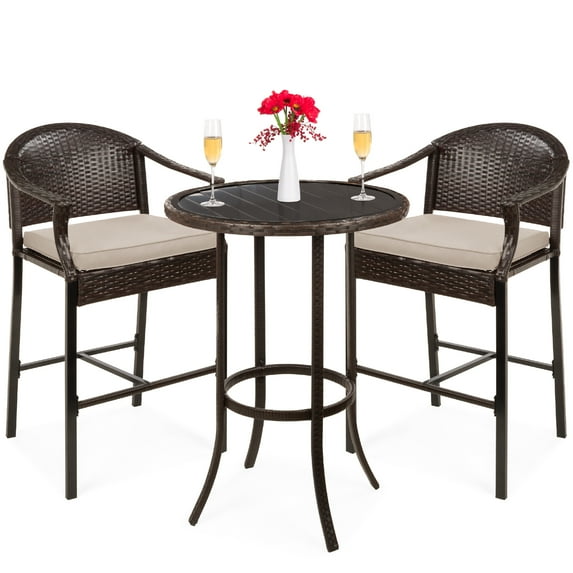 Best Choice Products 3-Piece Outdoor Wicker Bistro Bar Height Set for Patio, Garden w/ Barstools, Steel Frame - Beige
