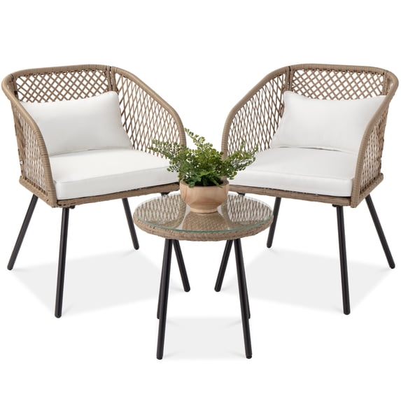 Best Choice Products 3-Piece Outdoor Wicker Bistro Set Patio Chat Conversation Furniture w/ 2 Chairs, Side Table - Ivory
