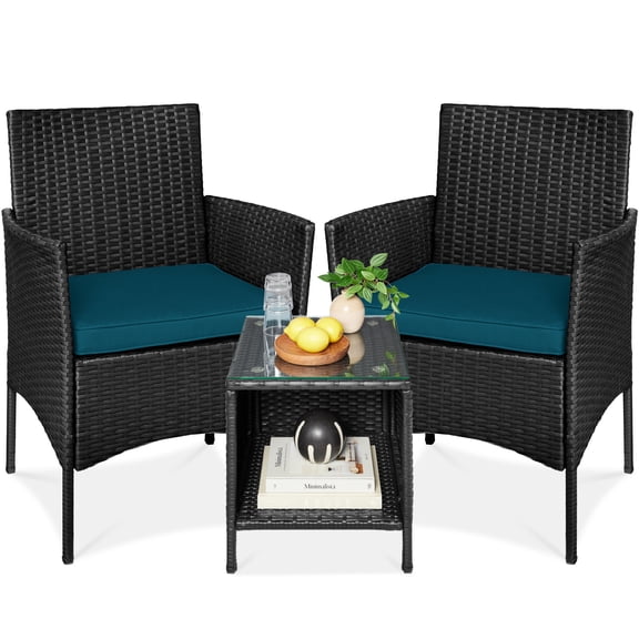 Best Choice Products 3-Piece Outdoor Wicker Conversation Patio Bistro Set, w/ 2 Chairs, Table - Black/Peacock