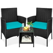 Best Choice Products 3-Piece Outdoor Wicker Conversation Patio Bistro Set, w/ 2 Chairs, Table - Black/Teal
