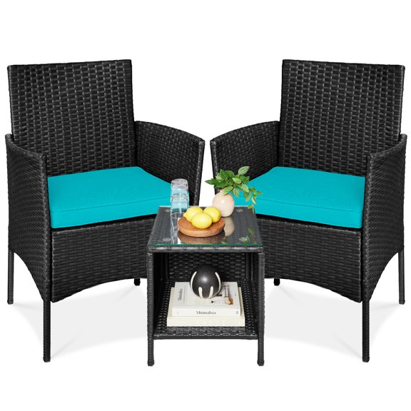 Best Choice Products 3-Piece Outdoor Wicker Conversation Patio Bistro Set, w/ 2 Chairs, Table - Black/Teal
