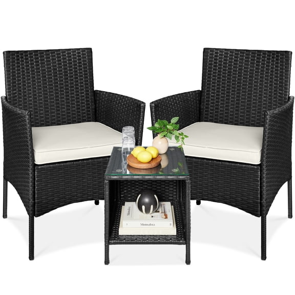 Best Choice Products 3-Piece Outdoor Wicker Conversation Patio Bistro Set, w/ 2 Chairs, Table - Black/White Sand