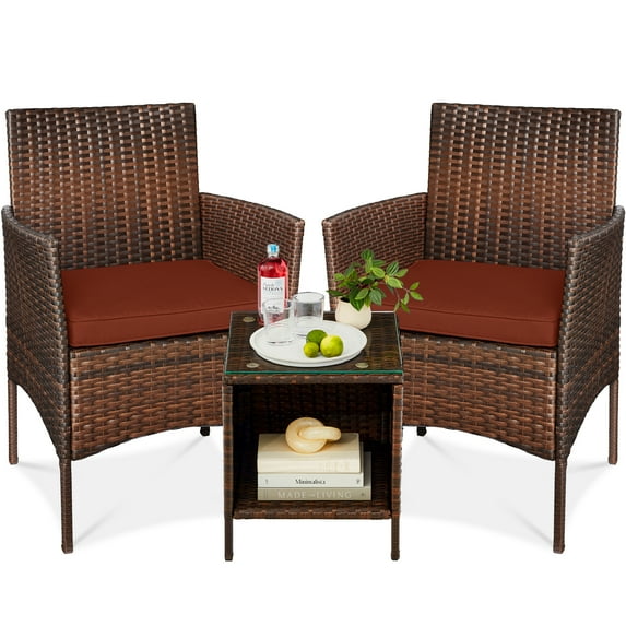 Best Choice Products 3-Piece Outdoor Wicker Conversation Patio Bistro Set, w/ 2 Chairs, Table - Brown/Dark Rust