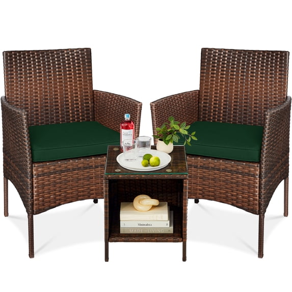 Best Choice Products 3-Piece Outdoor Wicker Conversation Patio Bistro Set, w/ 2 Chairs, Table - Brown/Midnight Green