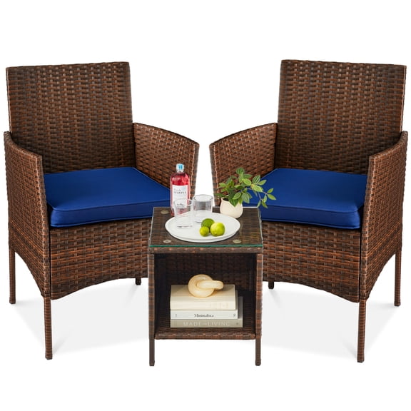 Best Choice Products 3-Piece Outdoor Wicker Conversation Patio Bistro Set, w/ 2 Chairs, Table -Brown/Navy