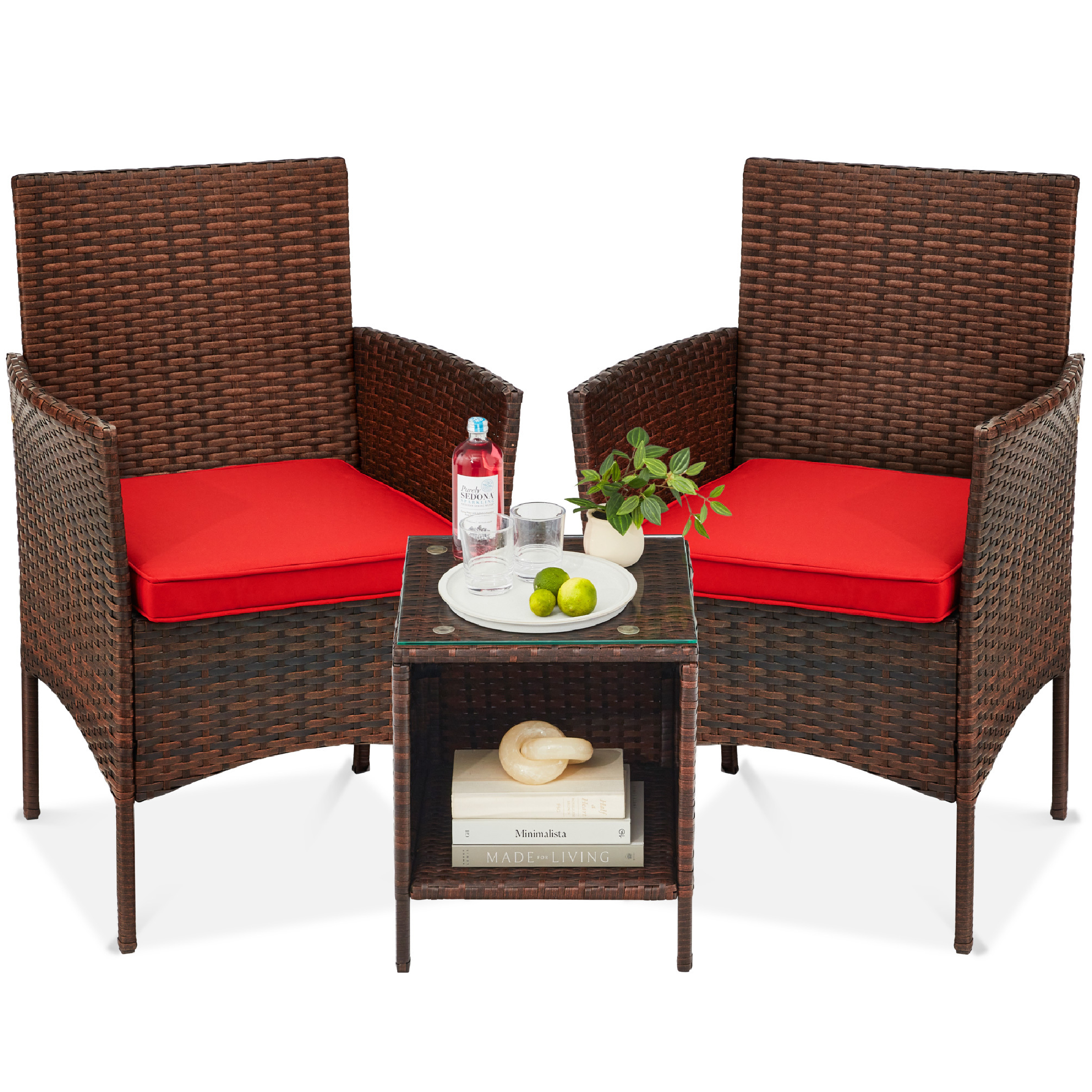 Best Choice Products 3-Piece Outdoor Wicker Conversation Patio Bistro Set, w/ 2 Chairs, Table - Brown/Red - image 1 of 8