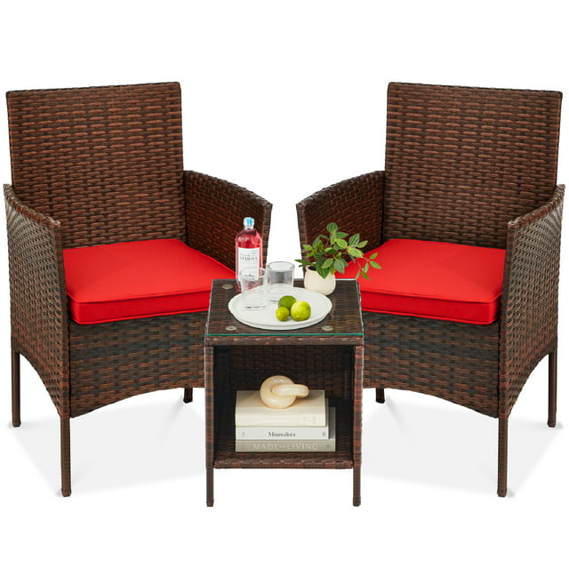 Best Choice Products 3-Piece Outdoor Wicker Conversation Patio Bistro Set, w/ 2 Chairs, Table - Brown/Red