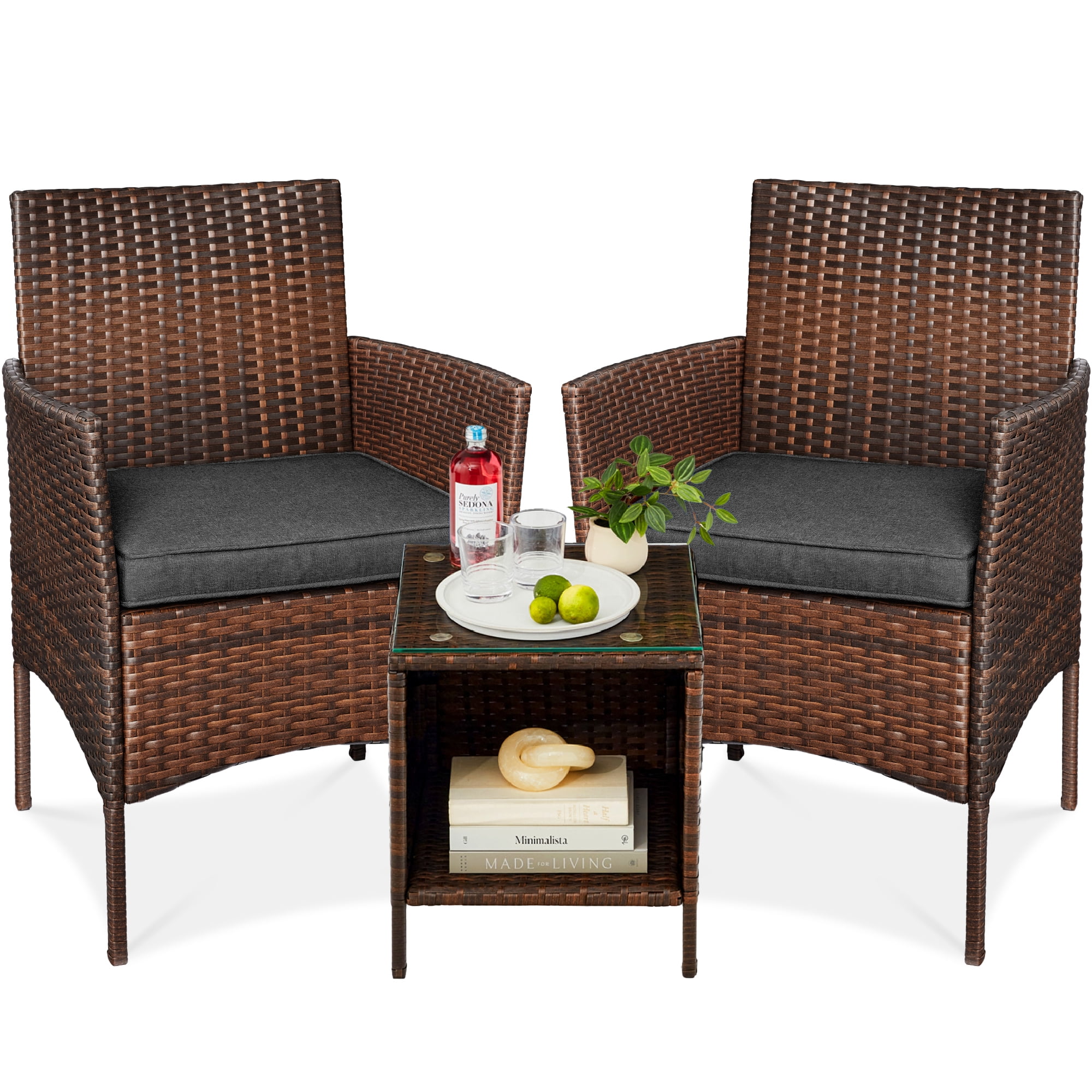 Brown and Stone Gray Steel Frame Wicker 3-Piece Patio Bistro Set