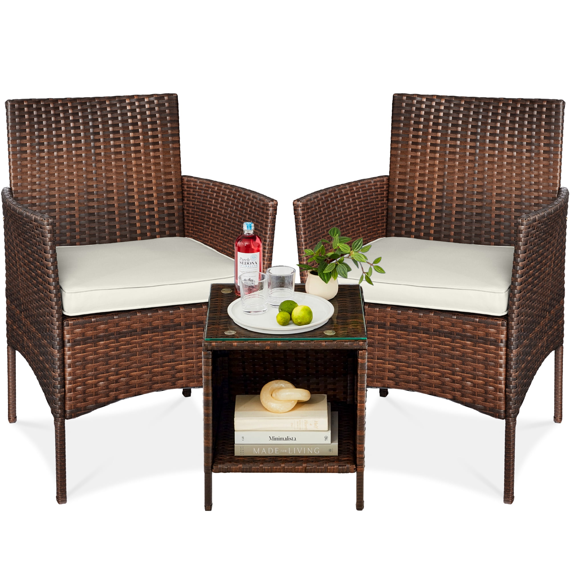 Walmart Black Friday Deals 2025 - Best Choice Products 3-Piece Outdoor Wicker Conversation Patio Bistro Set, w/ 2 Chairs, Table - Brown/White Sand