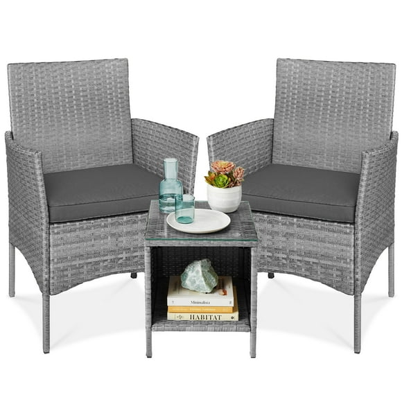 Best Choice Products 3-Piece Outdoor Wicker Conversation Patio Bistro Set, w/ 2 Chairs, Table - Gray/Gray
