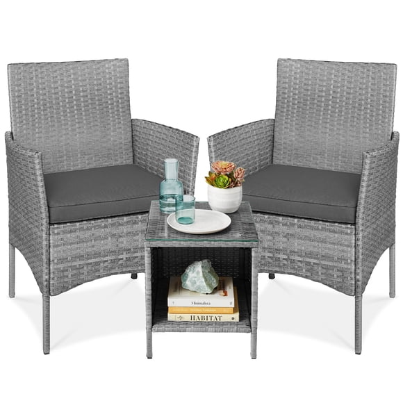 Best Choice Products 3-Piece Outdoor Wicker Conversation Patio Bistro Set, w/ 2 Chairs, Table - Gray/Gray