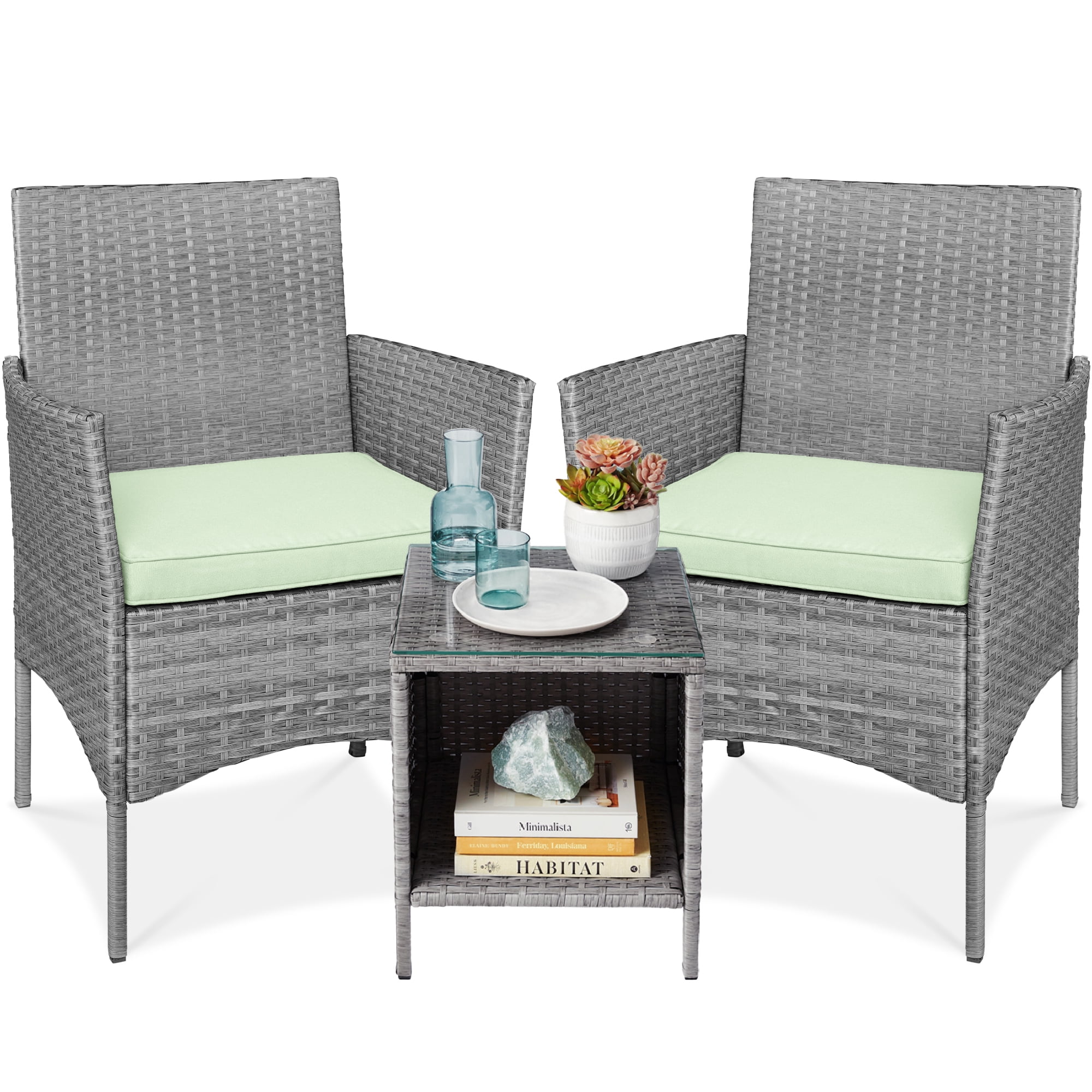 Gray and Light Mint Wicker Outdoor Bistro Set with Glass Table