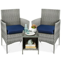 Best Choice Products 3-Piece Outdoor Wicker Conversation Patio Bistro Set, w/ 2 Chairs, Table - Gray/Navy