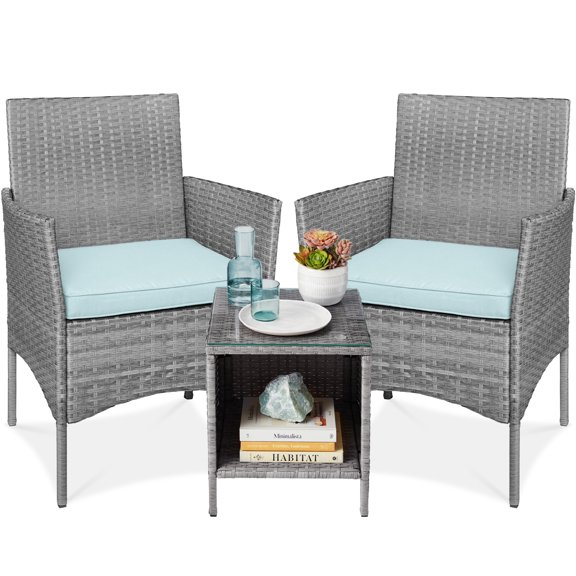 Best Choice Products 3-Piece Outdoor Wicker Conversation Patio Bistro Set, w/ 2 Chairs, Table - Gray/Pastel Blue