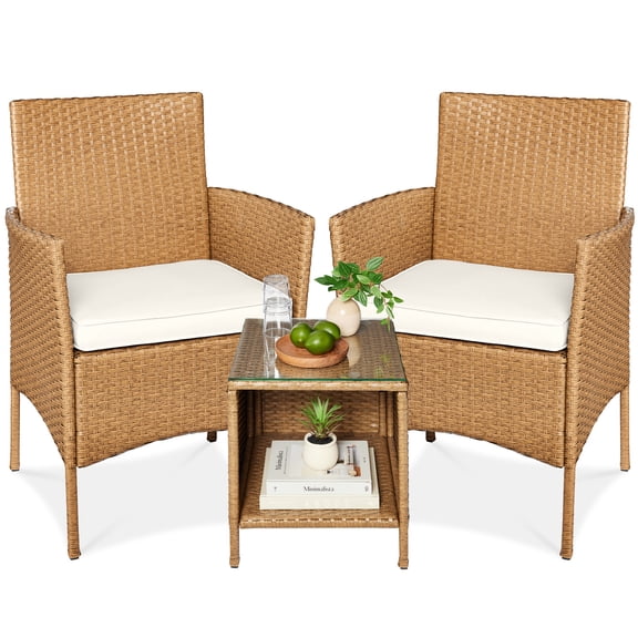 Best Choice Products 3-Piece Outdoor Wicker Conversation Patio Bistro Set, w/ 2 Chairs, Table - Natural/Ivory