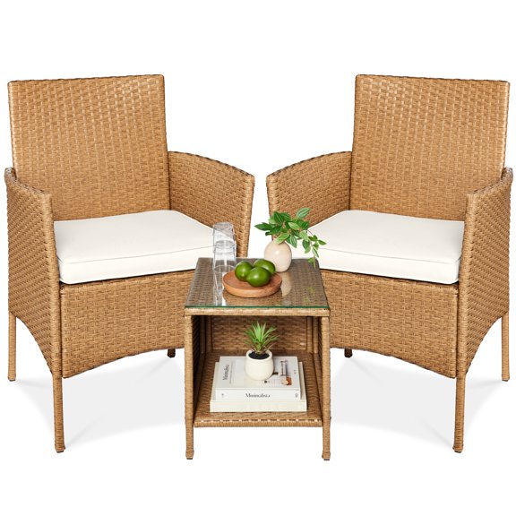 Best Choice Products 3-Piece Outdoor Wicker Conversation Patio Bistro Set, w/ 2 Chairs, Table - Natural/Ivory