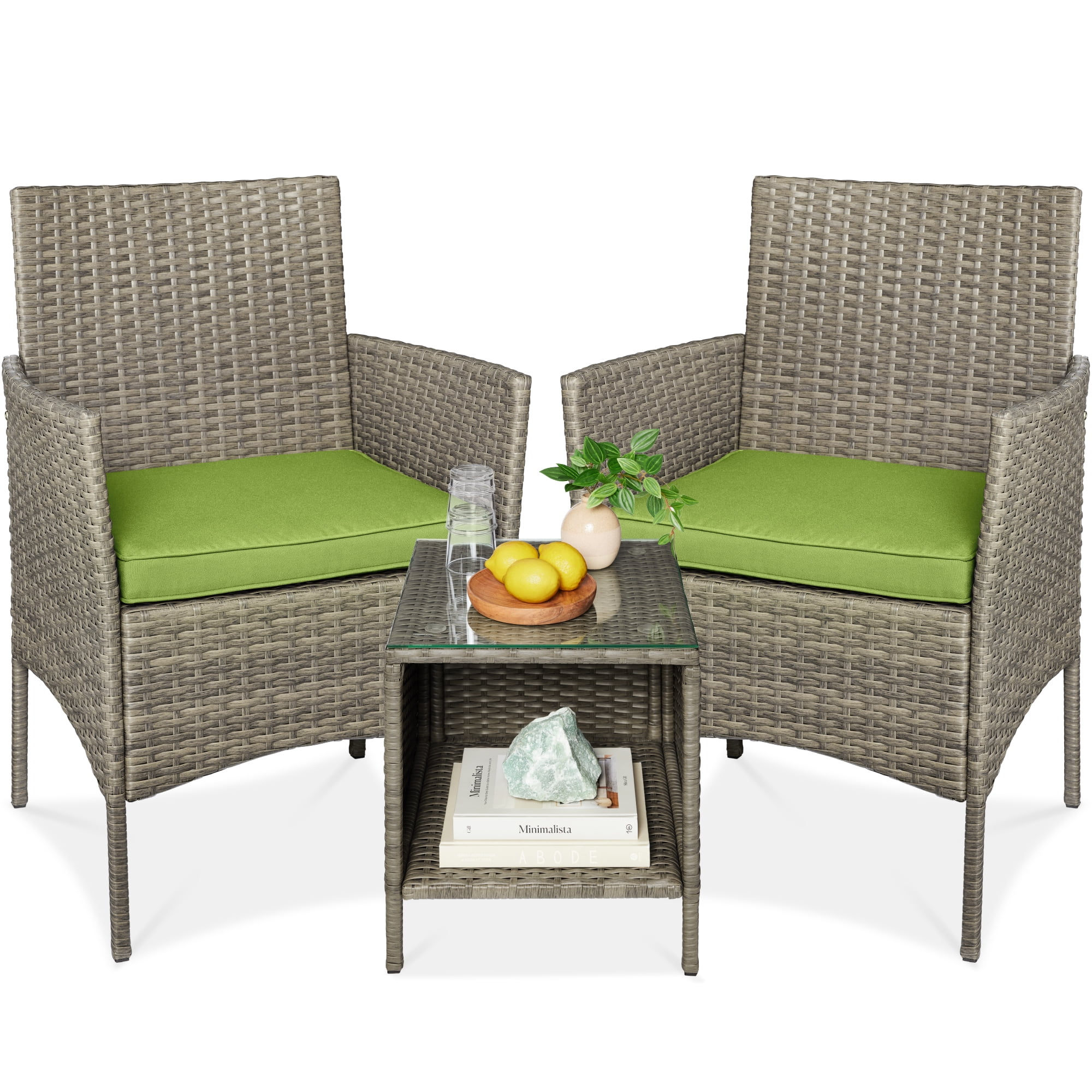 Taupe and Pistachio Steel Frame Wicker Bistro Set with Glass Tabletop