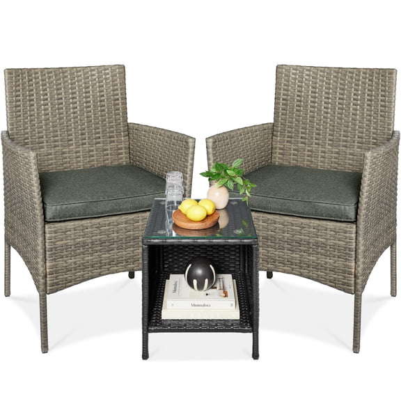 Best Choice Products 3-Piece Outdoor Wicker Conversation Patio Bistro Set, w/ 2 Chairs, Table - Taupe/Slate Green