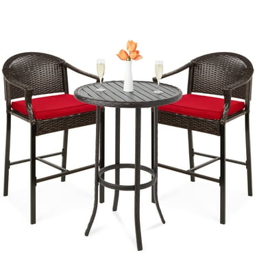 Best Choice Products 3-Piece Outdoor Wicker Patio Bar Table Bistro Set w/ Barstools, Steel Frame - Brown/Red