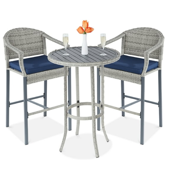Best Choice Products 3-Piece Outdoor Wicker Patio Bar Table Bistro Set w/ Barstools, Steel Frame - Gray/Blue