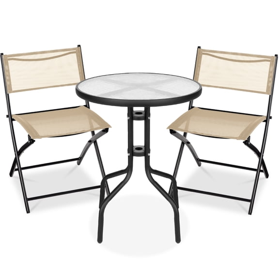 Best Choice Products 3-Piece Patio Bistro Dining Furniture Set w/ Glass Tabletop, Folding Chairs - Beige