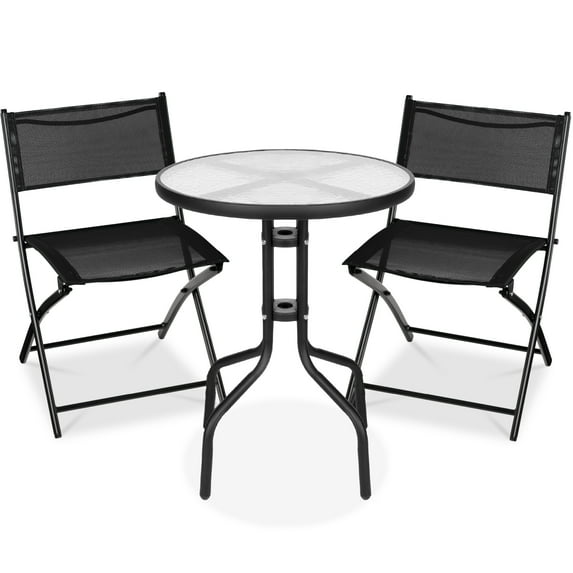 Best Choice Products 3-Piece Patio Bistro Dining Furniture Set w/ Glass Tabletop, Folding Chairs - Black