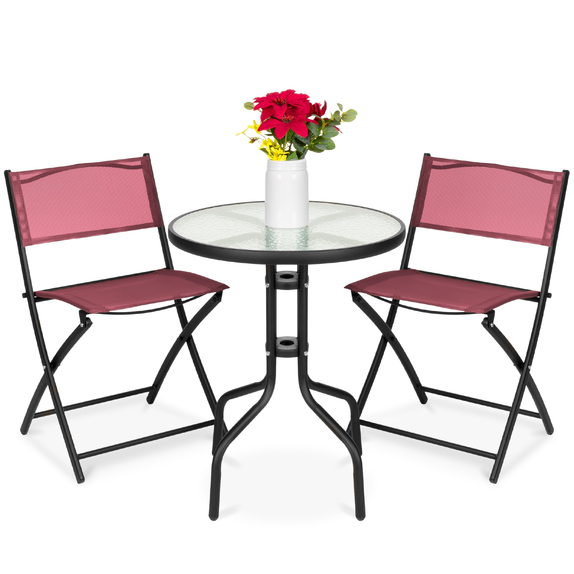 Burgundy 3-Piece Black Steel and Glass Patio Bistro Set