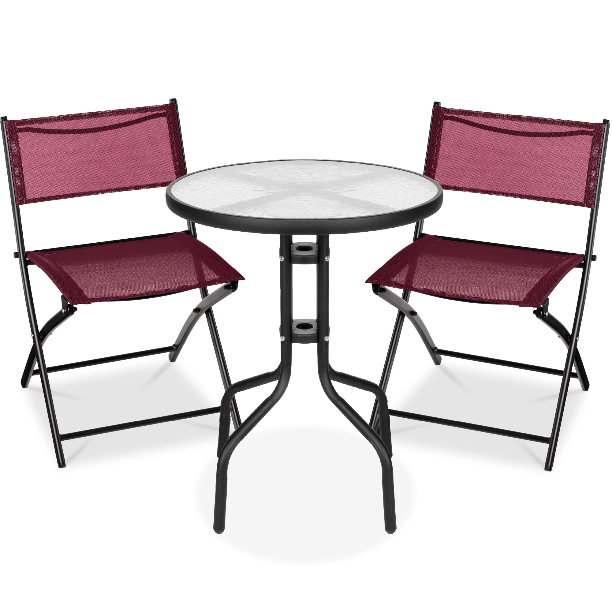 Burgundy 3-Piece Black Steel and Glass Patio Bistro Set