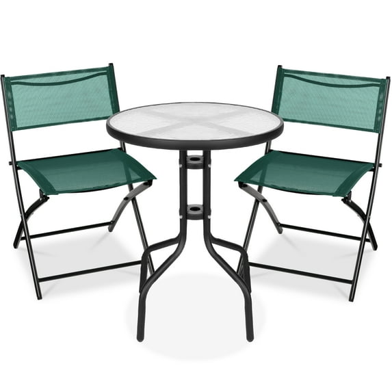 Best Choice Products 3-Piece Patio Bistro Dining Furniture Set w/ Glass Tabletop, Folding Chairs - Dark Green