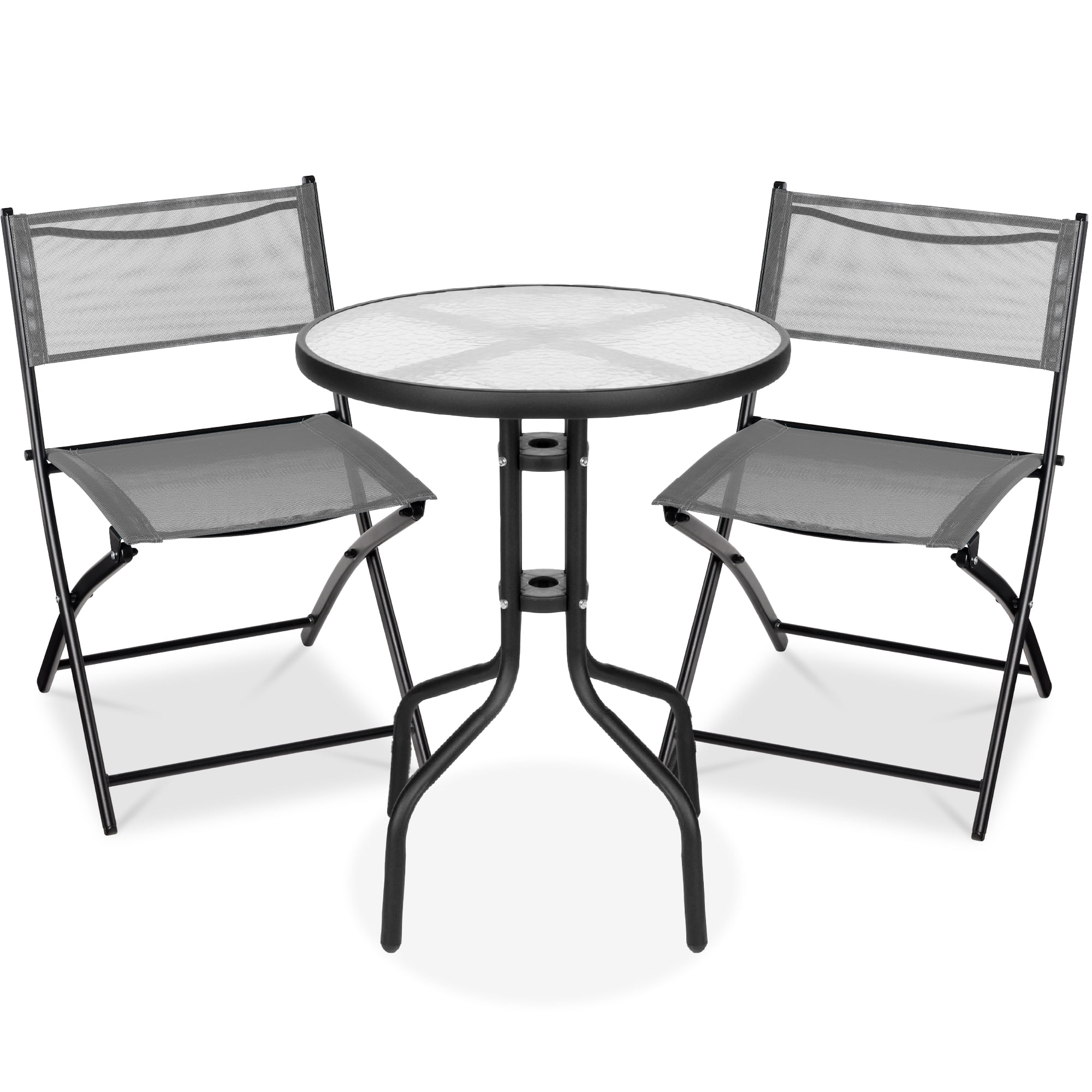 Gray 3-Piece Patio Bistro Set with Glass Tabletop and Folding Chairs
