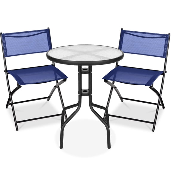 Best Choice Products 3-Piece Patio Bistro Dining Furniture Set w/ Glass Tabletop, Folding Chairs - Navy