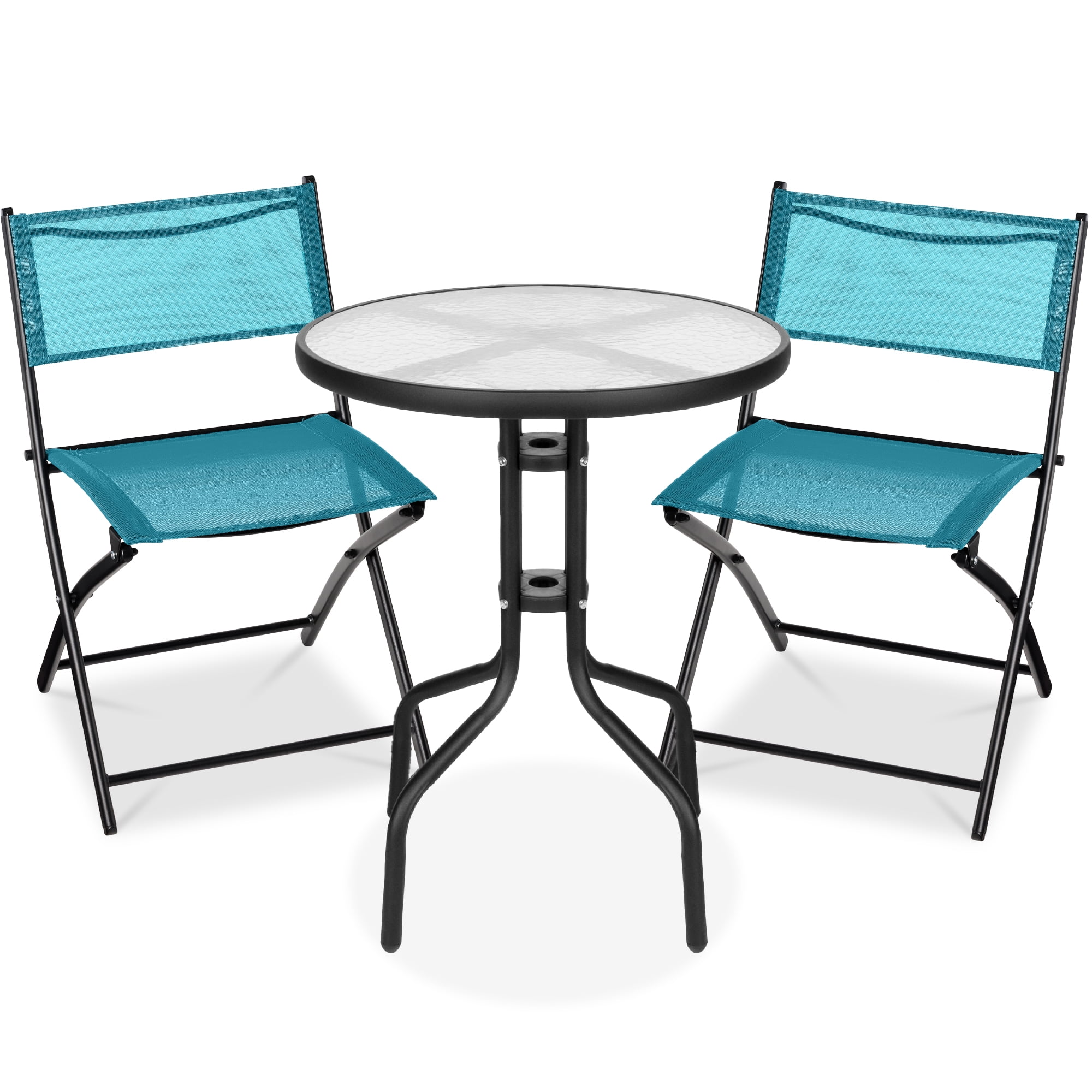 Peacock Blue 3-Piece Patio Bistro Set with Glass Tabletop