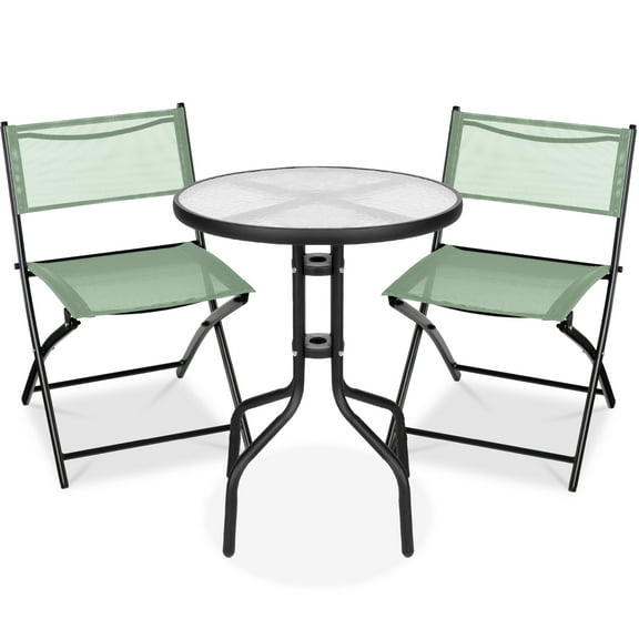 Best Choice Products 3-Piece Patio Bistro Dining Furniture Set w/ Glass Tabletop, Folding Chairs - Sage