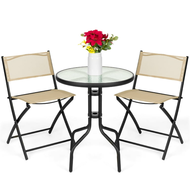 Best Choice Products 3 Piece Patio Bistro Dining Furniture Set w Round Textured Glass Tabletop Folding Chairs Beige