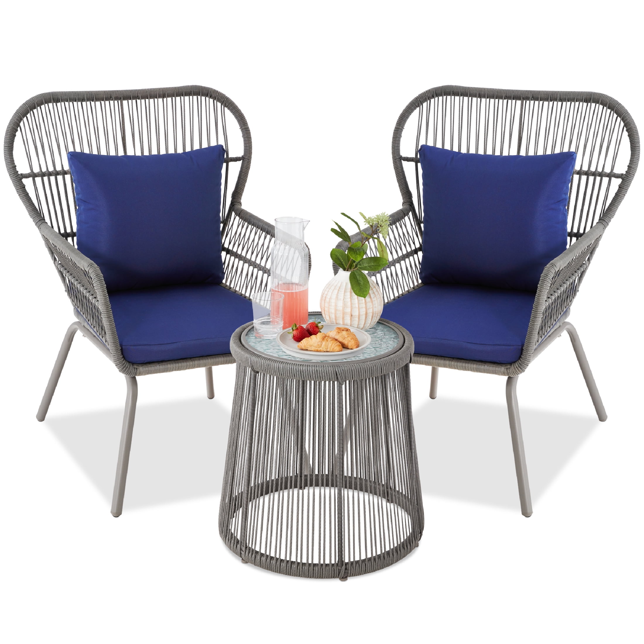 Gray and Navy Wicker 3-Piece Patio Bistro Set with Cushions and Glass Top Table