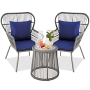 Best Choice Products 3-Piece Patio Conversation Bistro Set, Outdoor Wicker w/ 2 Chairs, Cushions, Side Table - Gray/Navy