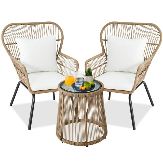 Best Choice Products 3-Piece Patio Conversation Bistro Set, Outdoor Wicker w/ 2 Chairs, Cushions, Side Table - Tan