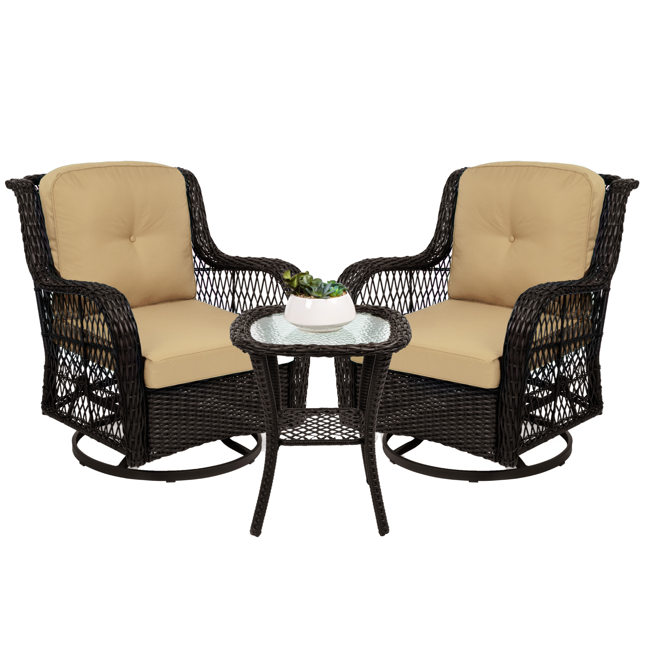 Best Choice Products 3-Piece Patio Wicker Bistro Furniture Set w/ 2 Cushioned Swivel Rocking Chairs, Side Table - Beige - image 1 of 8